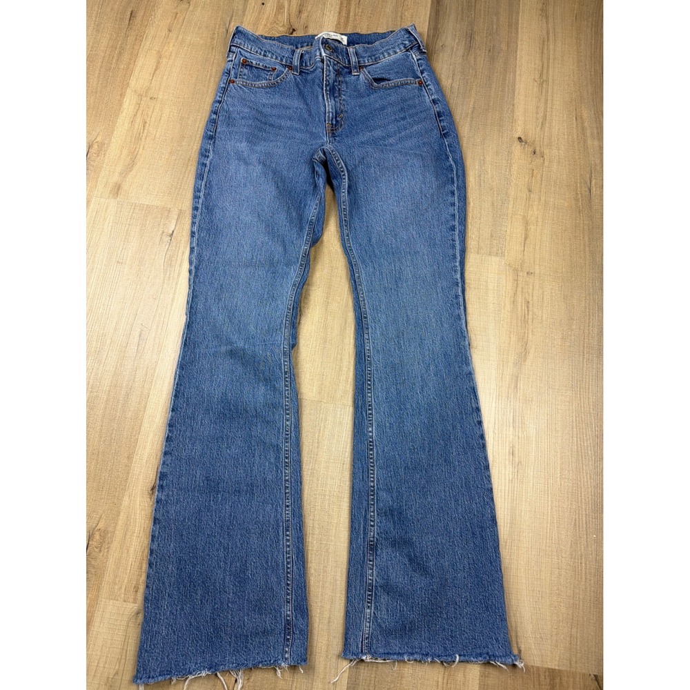 Abercrombie & Fitch The Bootcut Mid Rise Jeans Blue Denim Raw Hem Womens 28‎